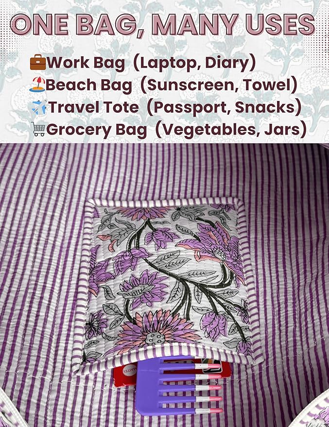 Cotton Quilted Tote Bag for Women – Large Beach & Travel Tote with Zipper, Reusable Grocery Bag