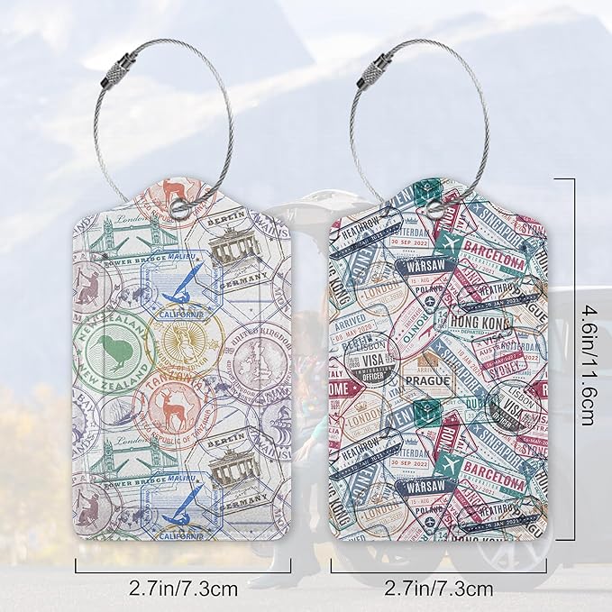Travel Stamp,Travel Retro Labels Luggage Tags for Suitcases, 2 Pack Cute PU Leather Suitcase Tag Identifiers with Address Card for Baggage Tag