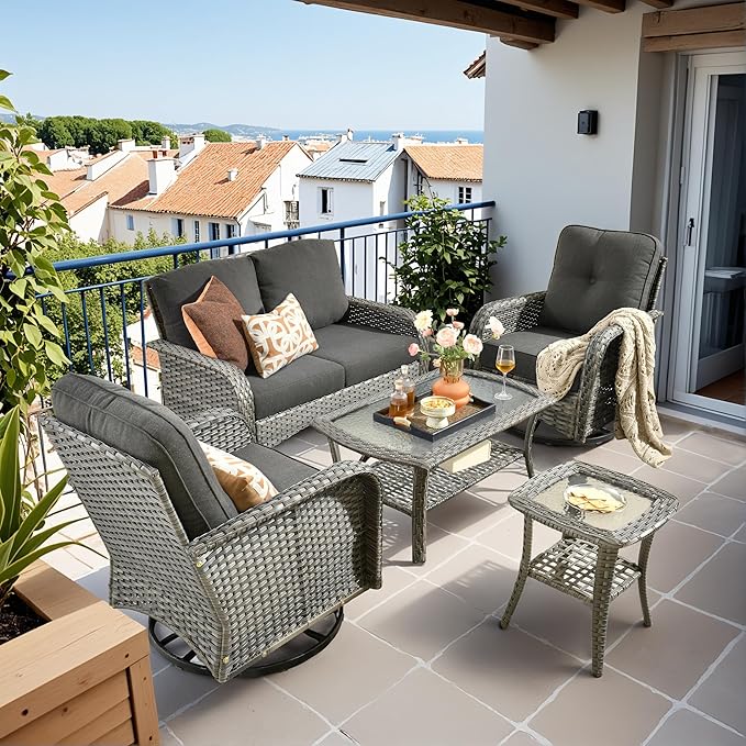HOOOWOOO Patio Furniture Set,5 Pieces Outdoor Conversation Set,All Weather Wicker Loveseat Sofa Set with High Back Swivel Rocking Chairs Tables,Black