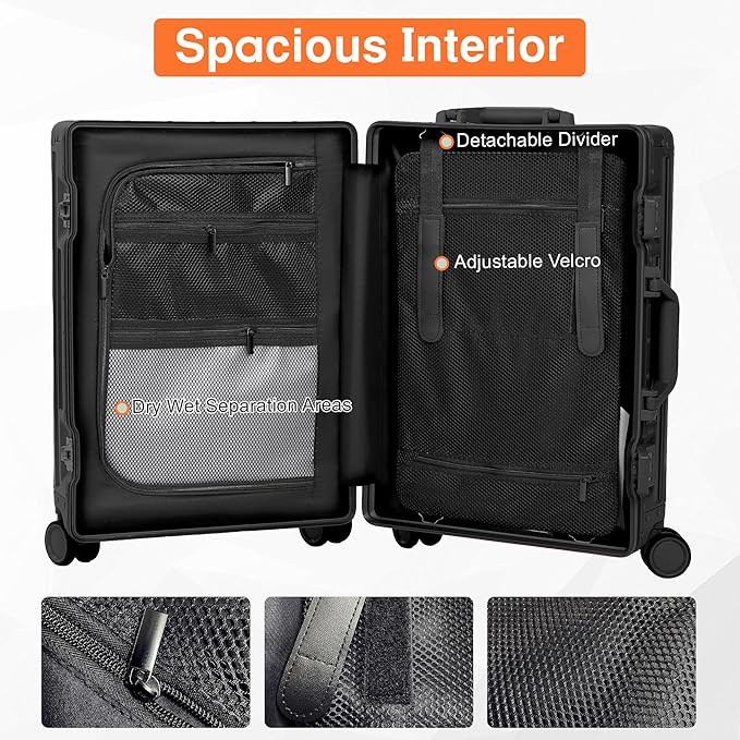 All Aluminum 24 Inch Check In Luggage Hard Shell Suitcases with Spinner Wheels and TSA Lock, Large Zipperless Luggage for Travel, Black