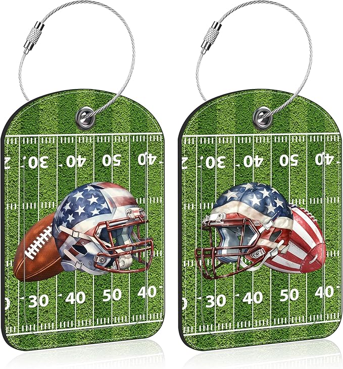 2 PCS Leather Luggage Tag for Suitcase Football and Helmet Travel Suitcase Labels with Privacy Name ID Label and Stainless Steel Loop for Adults Teens Travel Bag Labels Set