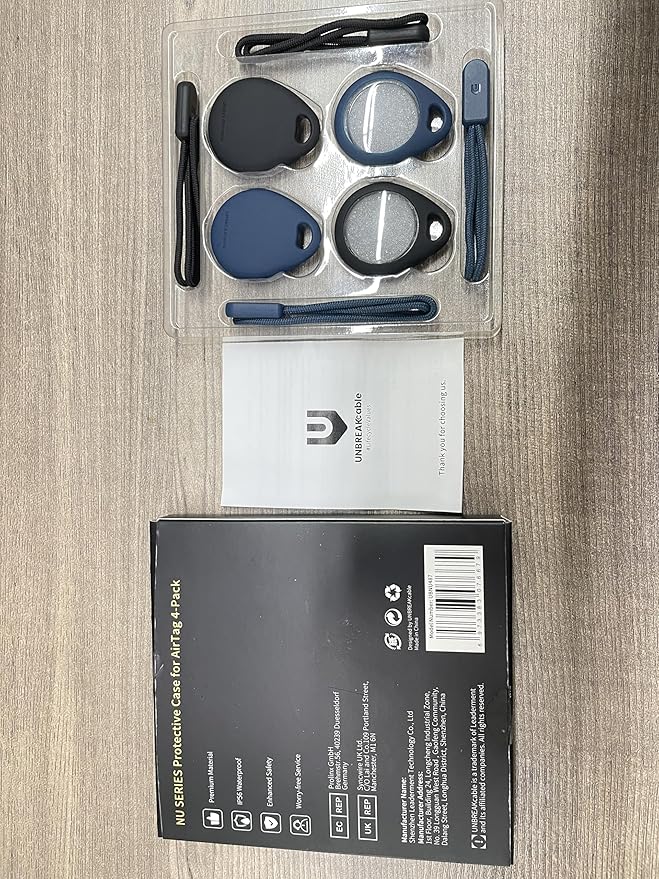 UNBREAKcable Holder for Apple AirTag with Strap- 4 Pack [Fit Tightly Design] [Easy to Install] [Hold Air Tag Securely] Waterproof TPU Shell Protective Case with Nylon Keychain Strap(Black&Blue)