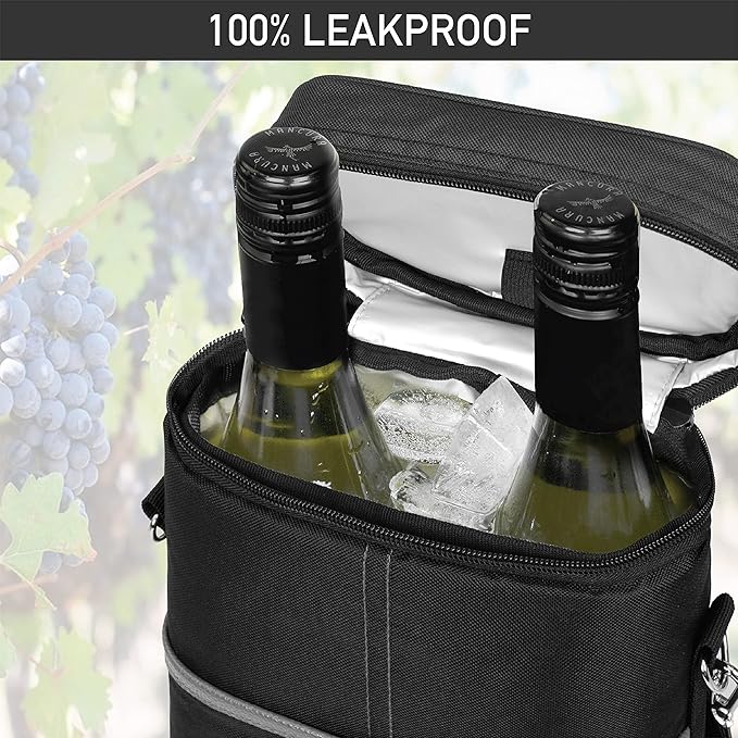 OPUX 2 Bottle Wine Carrier Tote, Insulated Leakproof Wine Cooler Bag, Wine Travel Bag Tote for Picnic BYOB Beach, Portable Wine Bottle Carrying Case, Gift for Wine Lover Women Men Christmas, Dark Grey