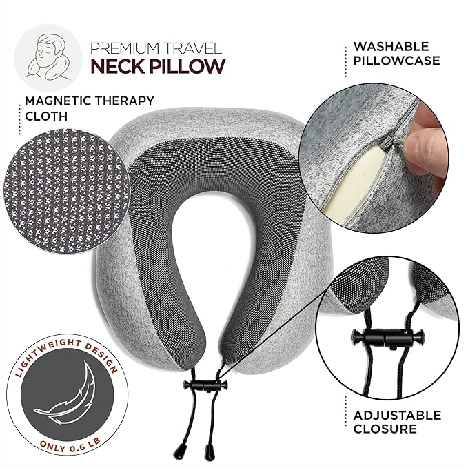 Airplane Neck Pillow Includes Travel Pillow + Airplane Phone Holder Mount + Eye Masks + Foot Hammock + Earplugs for Travel, 100% Pure Memory Foam Travel Pillow, 5 Pc Travel Kit, 2 Pack