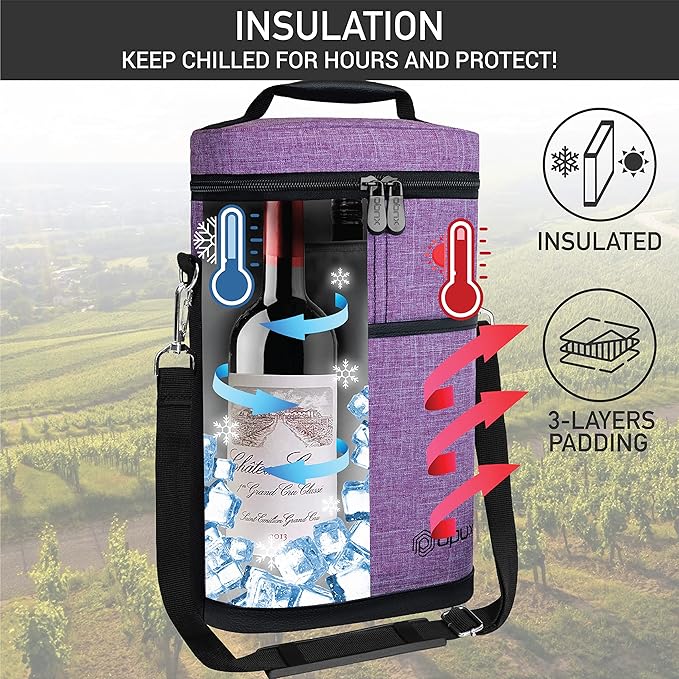 opux 2 Bottle Wine Carrier Tote, Insulated Leakproof Wine Cooler Bag, Wine Travel Bag for Picnic BYOB Beach, Portable Wine Bottle Carrying Case, Gift for Wine Lover Women Men Christmas, Purple