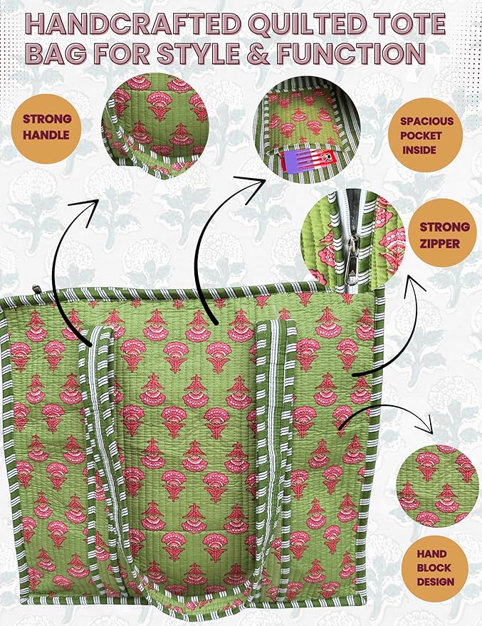 Cotton Quilted Tote Bag for Women – Large Beach & Travel Tote with Zipper, Reusable Grocery Bag