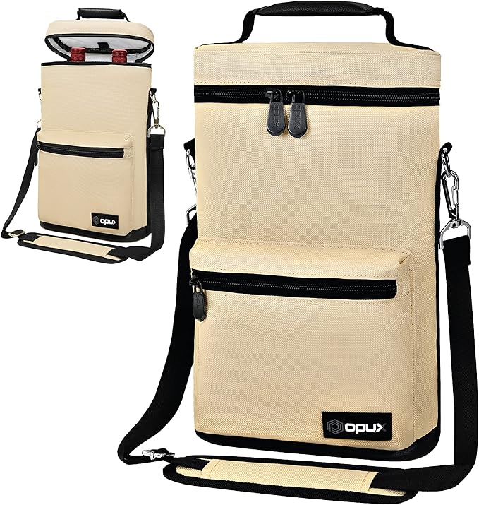 opux Wine Bag 2 Bottle Wine Tote Carrier, Insulated Wine Cooler Bag for Travel Picnic, Leakproof Portable Bottle Padded Case, Wine Gifts For Women Men Wine Lovers Christmas, Cream Beige