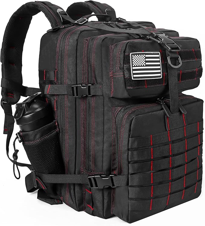 LHI Military Tactical Backpack for Men and Women 45L Army 3 Days Assault Pack Bag Large Rucksack with Molle System - Black With Red Line