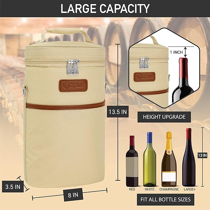 opux 2 Bottle Wine Carrier Tote, Insulated Leakproof Wine Cooler Bag, Wine Travel Bag Tote for Picnic Beach, Portable Wine Bottle Carrying Case, Gift for Wine Lover Women Men Christmas, Cream Beige