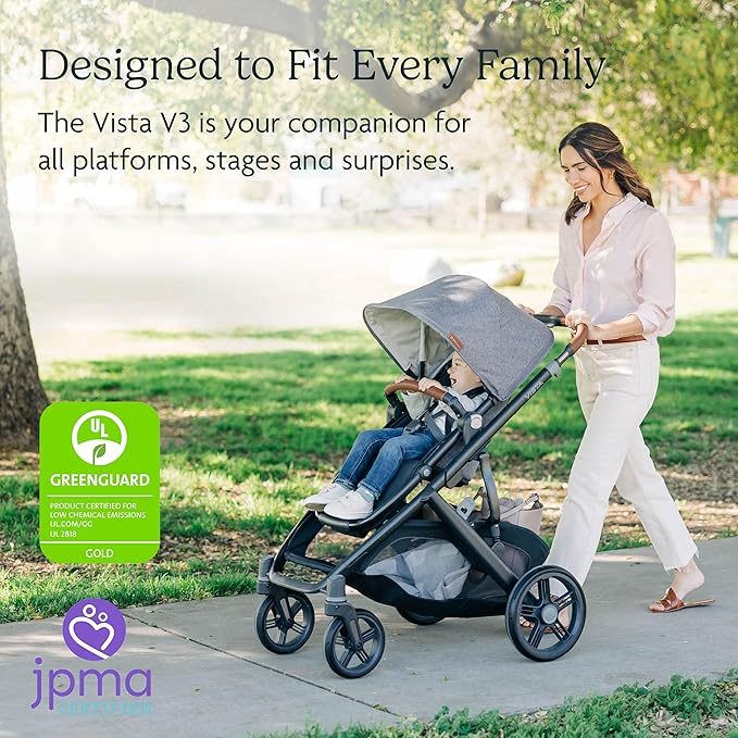 UPPAbaby Vista V3 Stroller - Full-Size Single-to-Double Stroller System - Toddler Seat, Bug Shield, Rain Shield, and Storage Bag Included - Callum (Stone Blue/Silver Frame/Sand Leather)