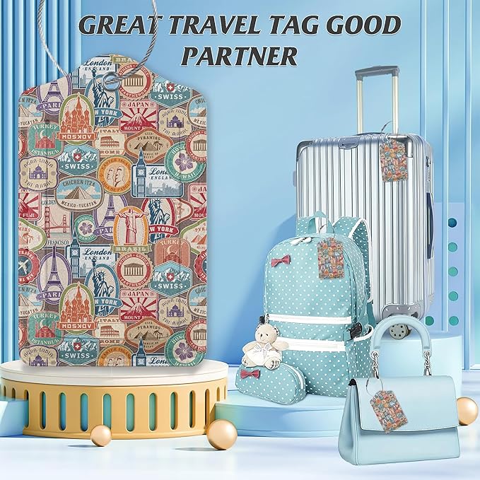 3 Pack Luggage Tag for Suitcase,Travel Stamp Leather Luggage Tags with Privacy Cover Name ID Label Identifiers Travel Bag Tags for Women Men Boys Girls