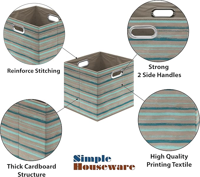 SIMPLE HOUSEWARE 13-Inch Collapsible Fabric Cube Storage Bin with Handles, Printed Design, 3 Pack, Green