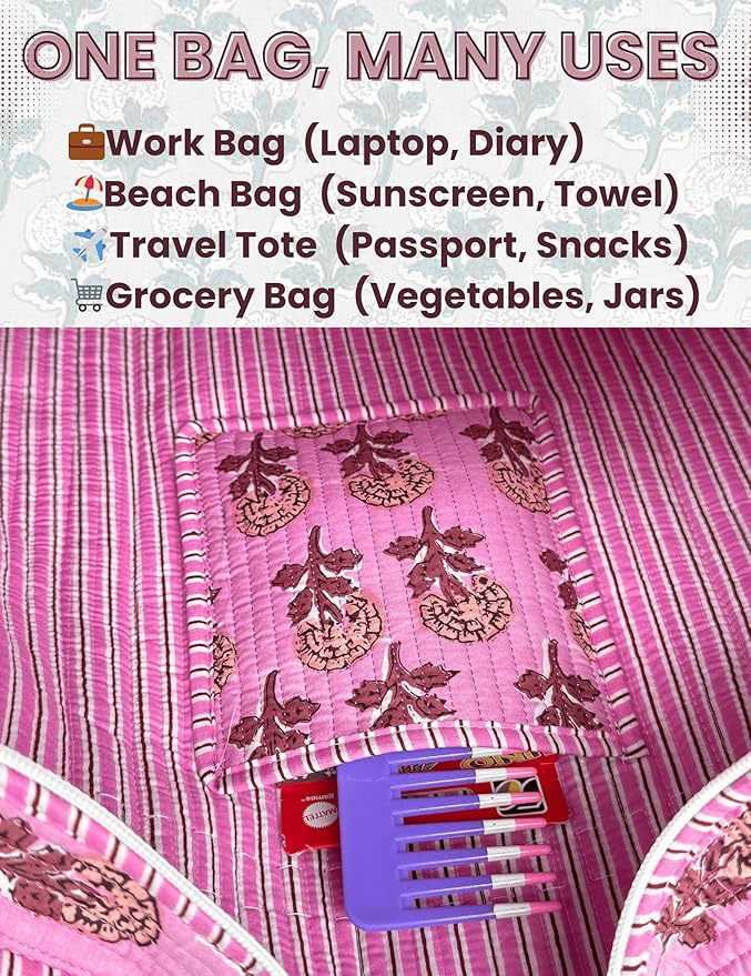 Cotton Quilted Tote Bag for Women – Large Beach & Travel Tote with Zipper, Reusable Grocery Bag
