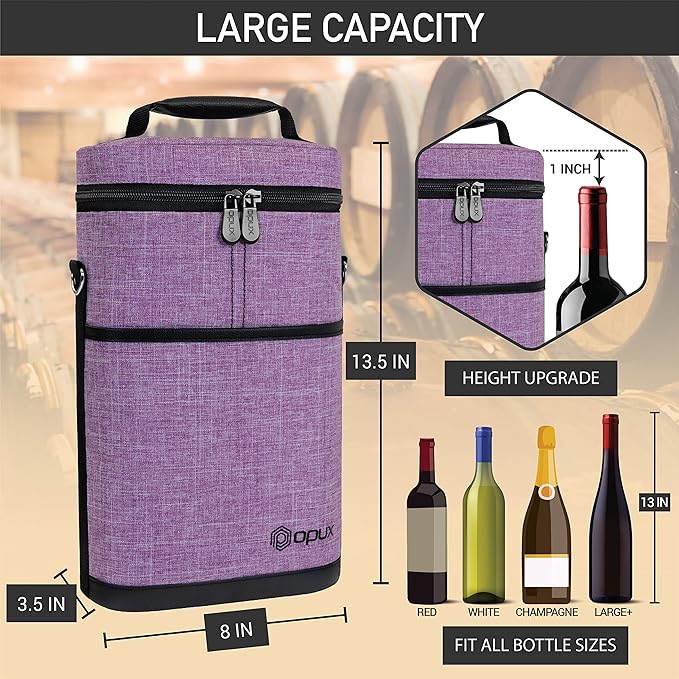 opux 2 Bottle Wine Carrier Tote, Insulated Leakproof Wine Cooler Bag, Wine Travel Bag for Picnic BYOB Beach, Portable Wine Bottle Carrying Case, Gift for Wine Lover Women Men Christmas, Purple