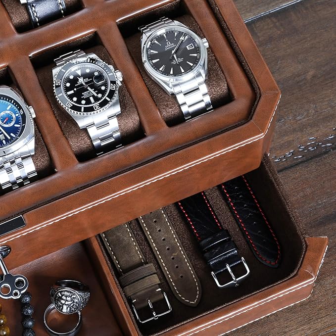 ROTHWELL 12 Slot Leather Watch Box with Valet Drawer - 12 Slot Luxury Watch Case Display Organizer, Microsuede Liner, Mens Accessories Holder, Jewelry Case, Jewelry Display Organizer (Tan/Brown)