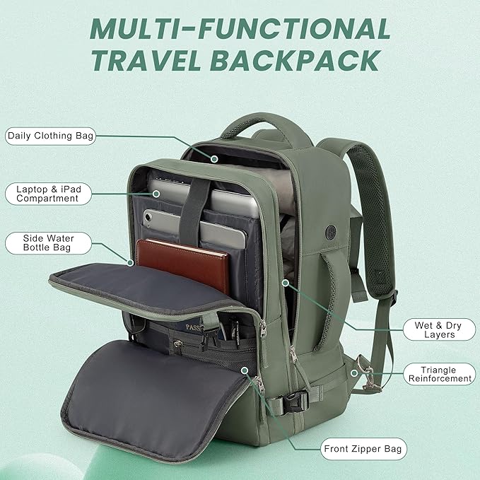 Personal Item Backpack, Carry on Travel Backpack with Multi-Pockets, Waterproof Casual College 16inch Laptop Backpack for Men Women, Army Green