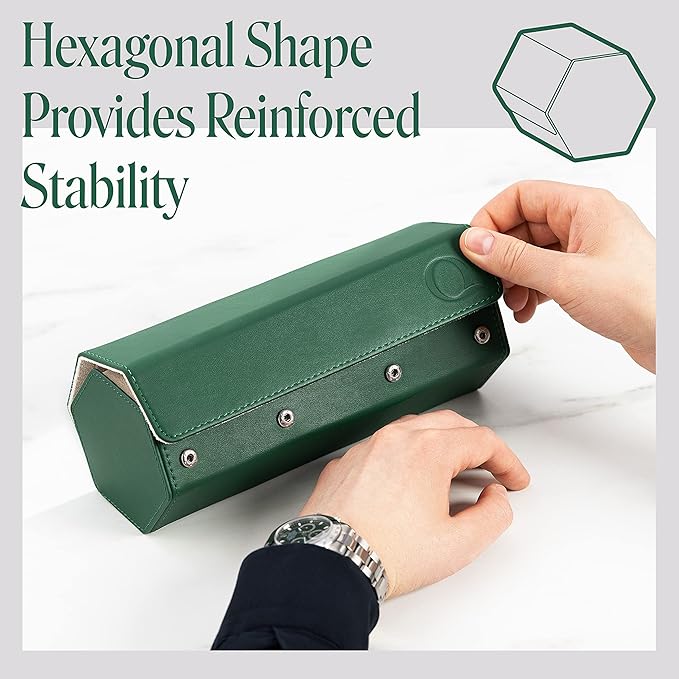 Napa Leather Watch Rolls for Men - Hexagon Triple Watch Roll Travel Case for 3 Watches - Storage Organizer Genuine Leather with Velvet Interior Display (Green/Cream)