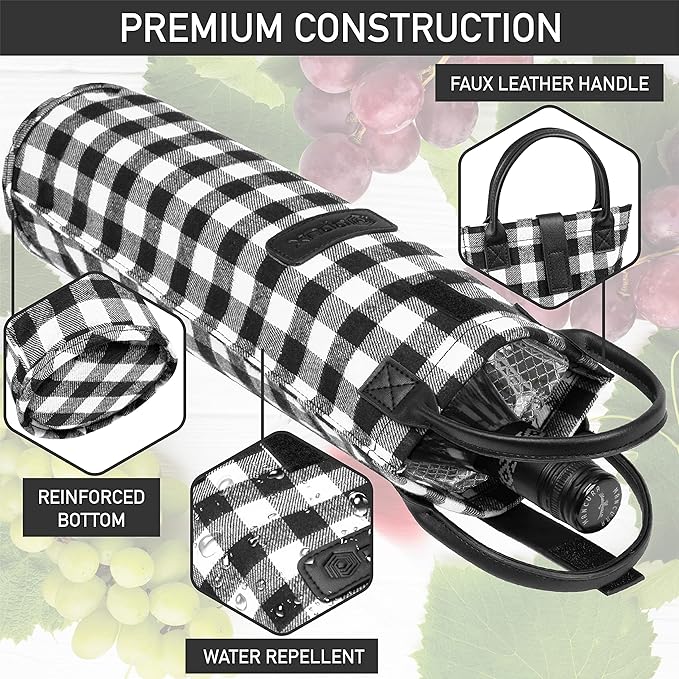 OPUX Wine Bag Single Bottle Carrier Tote, Insulated Travel Wine Cooler Bag for Picnic Beach Gift, Thermal Padded Portable One Bottle Holder Carrying Case for Women Men Wine Lovers, Plaid Buffalo White