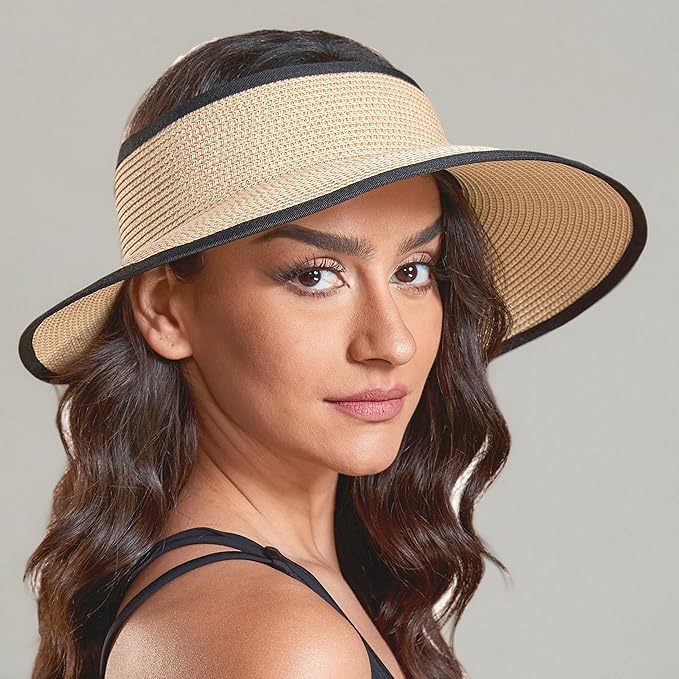 Joywant Womens Sun Visor Hats, Packable Wide Brim Ponytail Beach Hat Straw Visor Summer Beach Vacation Essentials for Womens