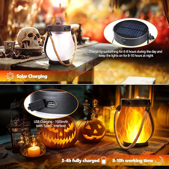 Halloween Solar Flame Lantern Hanging Outdoor Waterproof Purple - 2 Pack Flame Lanterns with Dual Charging Modes of Solar & USB for Garden or Yard Halloween Decorations (Warm White - 1 Pack)