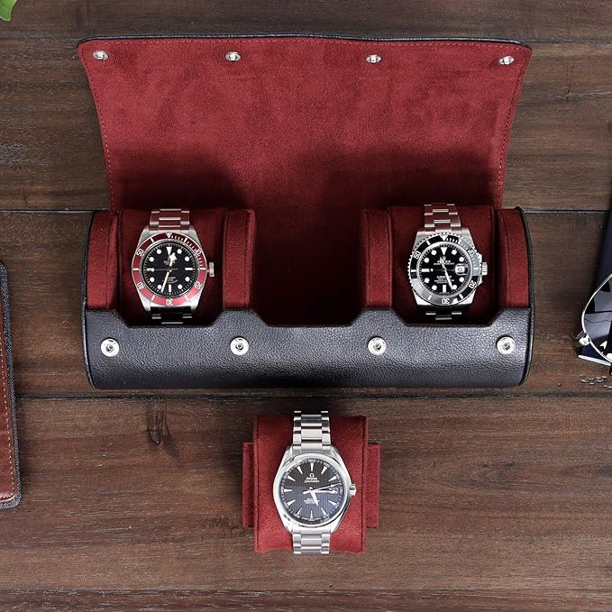 ROTHWELL Watch Roll Travel Case for 3 Watches | Tough Portable Protection, Fits All Wrist Watch & Smart Watches Up to 50mm (Black/Red)