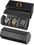 Napa Leather Watch Rolls for Men - Hexagon Triple Watch Roll Travel Case for 3 Watches - Storage Organizer Genuine Leather with Velvet Interior Display (Black/Charcoal)