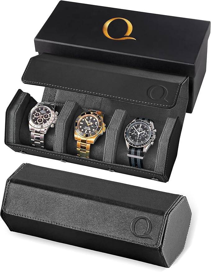 Napa Leather Watch Rolls for Men - Hexagon Triple Watch Roll Travel Case for 3 Watches - Storage Organizer Genuine Leather with Velvet Interior Display (Black/Charcoal)