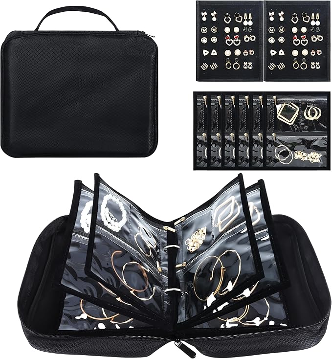 Meneng Travel Jewelry Case Organizer: Jewelry Bags Storage Book Binder with Adjustable 130-Pin Panels - Waterproof Anti Tarnish Storage for Earrings, Bracelets & Full Sets, Portable for Bloggers