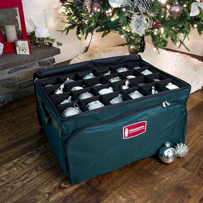 TreeKeeper (Green Christmas Ornament Storage Box with Dividers) - Deluxe Ornament Keeper - Holds 72 Ornaments up to 4 Inches in Diameter | 3 Removable Trays with Separators | Acid-Free Fabric Lining