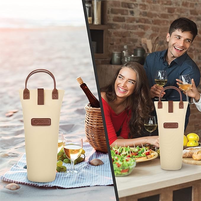 opux Wine Bag Single Bottle Carrier Tote, Insulated Travel Wine Cooler Bag for Picnic Beach Gift, Thermal Padded Portable One Bottle Holder Carrying Case for Women Men Wine Lovers, Cream Beige