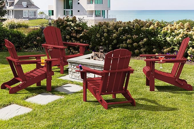 SERWALL Adirondack Chair with Cup Holders - Composite Adirondack Chairs HDPE Outdoor Chairs All Weather Use- Dark Red