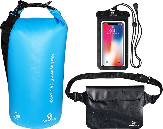 Freegrace Waterproof Dry Bags Set of 3 Dry Bag with 2 Zip Lock Seals & Detachable Shoulder Strap, Waist Pouch & Phone Case - Can Be Submerged Into Water - for Swimming (Sky Blue, 5L)