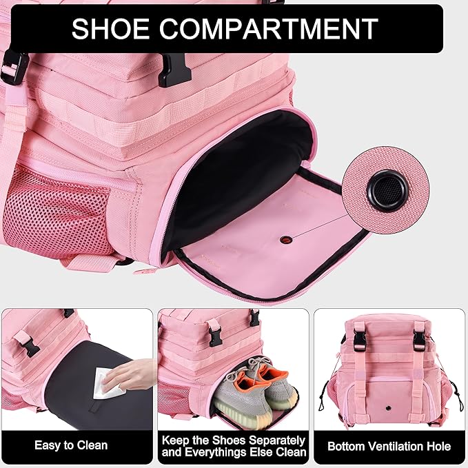 LHI Military Tactical Backpack for Men and Women 45L Army 3 Days Assault Pack Bag Large Rucksack with Shoe Compartment - Pink