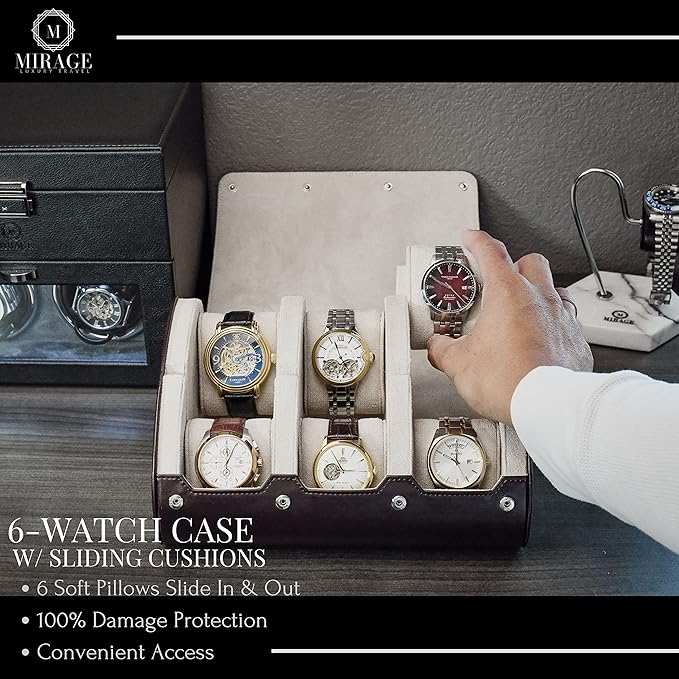 6 Watch Case Bbox for Travel Watch Roll for Men Watch display organizer - Espresso Brown & Ivory White Interior