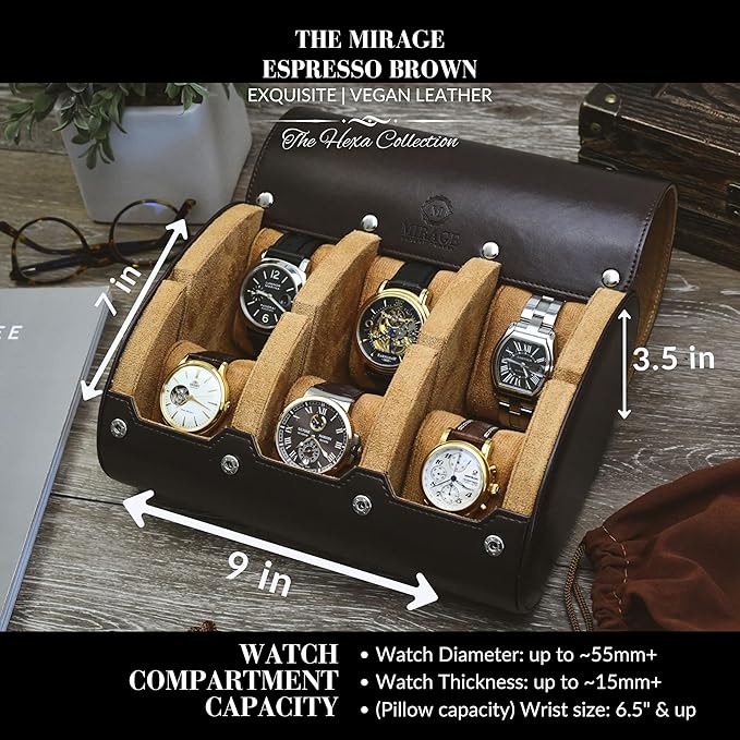 6 Watch Travel Cases for Men - Watch Roll 6 Slots Travel Organizer - Espresso Brown -Signature Hexa Collection