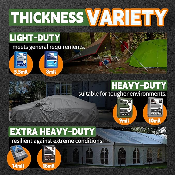 7x10 Feet Tarp Waterproof,9Mil Thick,Finished Size Tarps,UV Resistant,Durable,Multipurpose Poly Tarp Cover with Metal Grommets and Reinforced Edges,Green/Black by RAINDEWAY