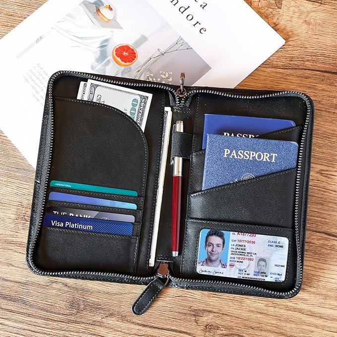 Polare Napa Leather Passport Holder With YKK Zipper RFID Blocking Travel Document Organizer Ticket Holder Cover Case Holds 2 Passports (Black)