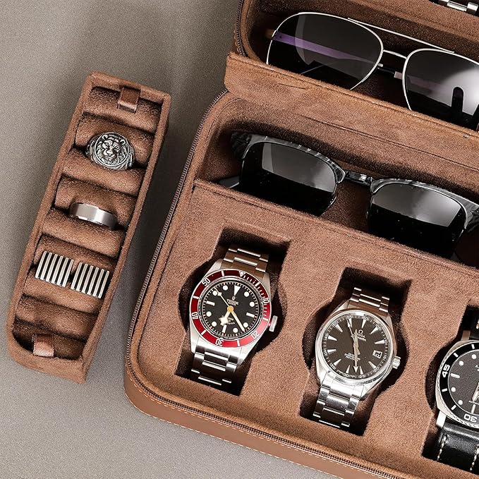 ROTHWELL 8 Watch Travel Case Storage Organizer for 8 Watches, Sunglasses, Rings & Cufflinks |Tough Portable Protection with Zipper Fits Most Wristwatches & Smart Watches Up to 50mm (Tan/Brown)