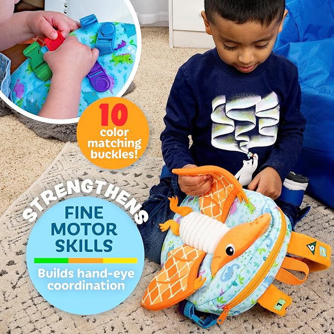 Buckle Toys Breezy Pterodactyl Dinosaur Toddler Backpack with Buckles & Toddler Learning Activities and Sensory Toys for Toddlers 1-3, Travel Essentials Road Trip Activities for Fine Motor Skills