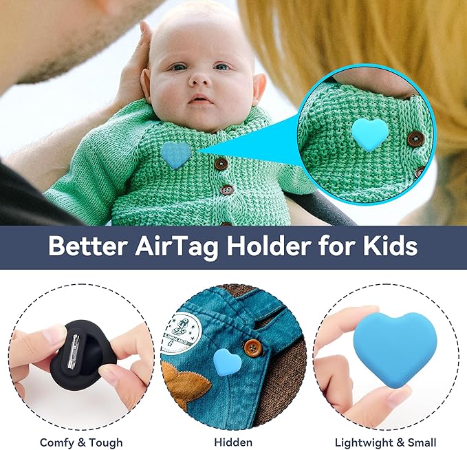 DDJ for AirTag Holder for Kids (2 Pack), Hidden Silicone Case for Apple AirTag GPS Tracker Kids with Invisible Pin, Anti Lost, for Elderly/Luggage/Clothing/Shoes/Backpack/Family Travel (Black+Blue)