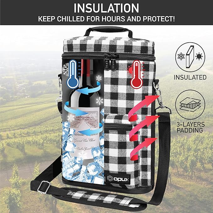 Opux 2 Bottle Wine Tote Carrier, Insulated Cooler Bag for Travel Picnic, Leakproof Padded Case, Wine Gifts for Women & Men, Plaid Buffalo White