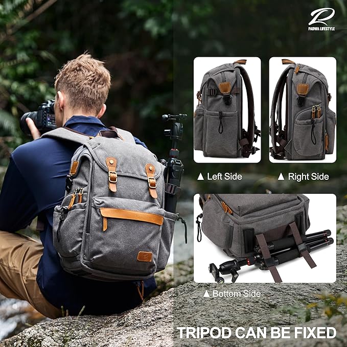 Padwa Lifestyle Gray Camera Backpack - Professional DSLR & UAV Camera Bag,Anti Theft Canvas Camera Backpack with Rain Cover,Large Capacity Photography Travel Camera Bag with Multi Compartments
