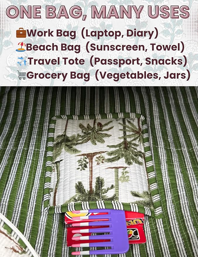 Cotton Quilted Tote Bag for Women – Large Beach & Travel Tote with Zipper, Reusable Grocery Bag