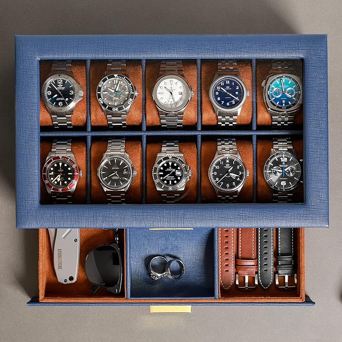 ROTHWELL 10-Slot Watch Box in Leather with Valet Drawer, Luxury Watch Case Display Organizer with Ultra Soft Microsuede Liner, Jewelry and Sunglass Holder With Large Glass top (Blue/Tan)