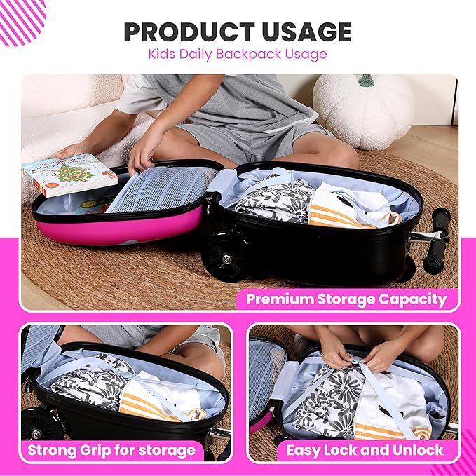 Owl Kids Scooter Suitcase - Folding Kids Luggage with Wheels - Multifunctional Ride on Luggage Travel suitcase with Strong Grip, Easy Locks and Zippers – Capacity to Hold 110LB