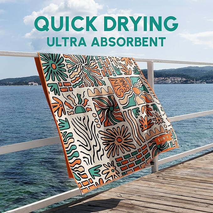 SUN'Y Beach Towel - Sand Free, Microfiber, Compact & Lightweight Travel, Quick Dry - Groovy - Large (63”x31.5”)