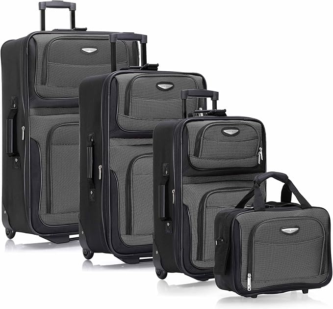 Travel Select Amsterdam 4-Piece Softside Expandable Rolling Luggage Set, Lightweight 2-Wheel Suitcases, Packing Cubes, Travel Tote, Durable Polyester Construction, Gray