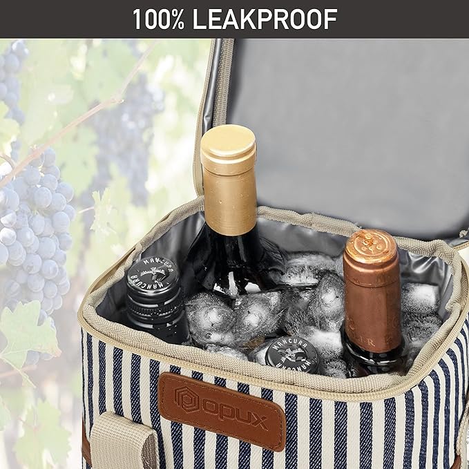 Opux 4 Bottle Insulated Wine Cooler Bag - Portable, Leakproof Padded Carrier for Travel, Picnic, BYOB - Navy White Stripe