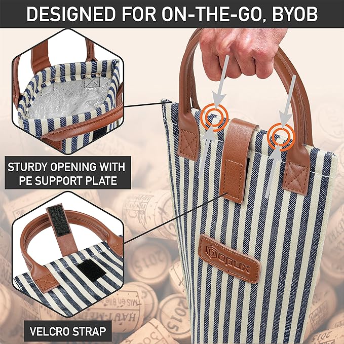 opux Wine Bag Single Bottle Carrier Tote, Insulated Travel Wine Cooler Bag for Picnic Beach Gift, Thermal Padded Portable One Bottle Holder Carrying Case for Women Men Wine Lovers, Navy White Stripes