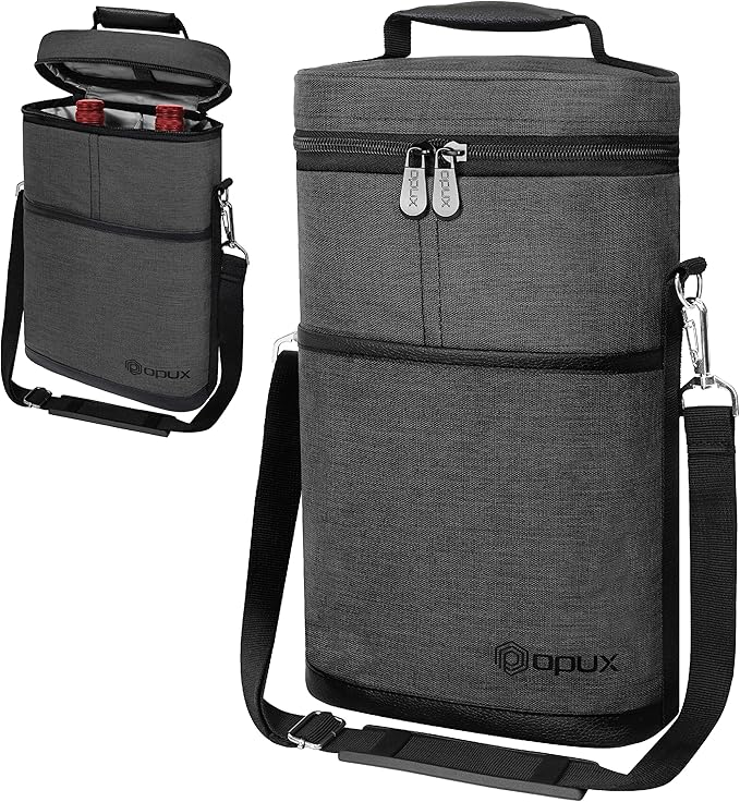 opux 2 Bottle Wine Carrier Tote, Insulated Leakproof Wine Cooler Bag, Wine Travel Bag for Picnic BYOB Beach, Portable Wine Bottle Carrying Case, Gift for Wine Lover Women Men Christmas, Charcoal Grey